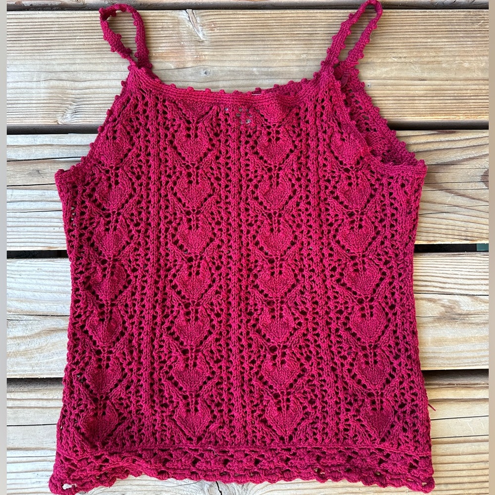 Red Crocheted Heart Patterned Tank Top